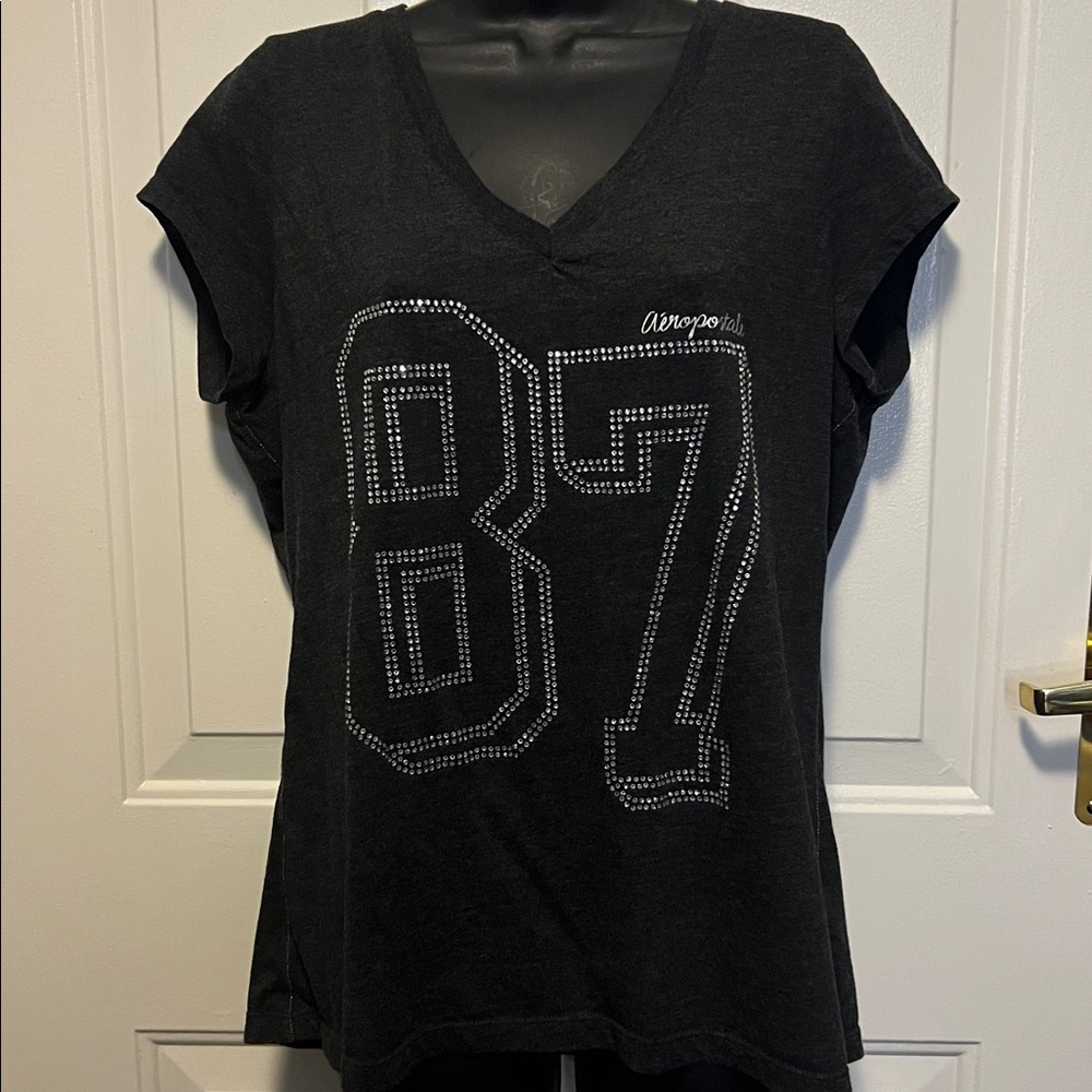 AEROPOSTALE RHINESTONE CRYSTAL EMBELLISHED COTTON V-NECK  “87” TSHIRT Women XXL